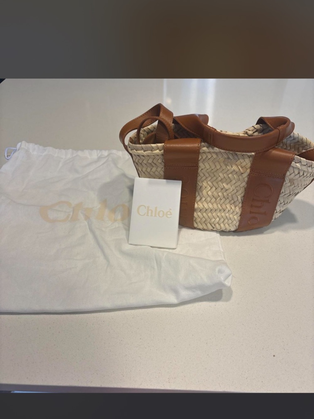 Chloé Tan Leather-Trim Woven Straw Tote
